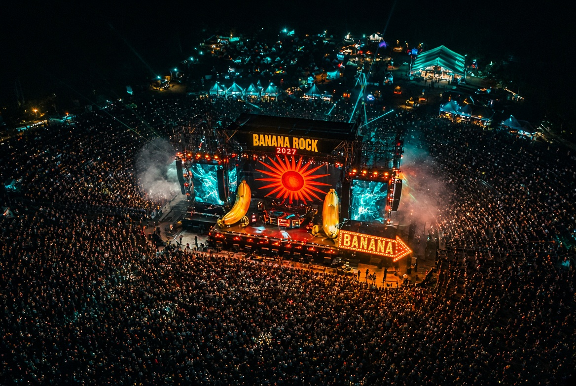 Grande evento Banana Rock com palco iluminado, público e chamada aguardem